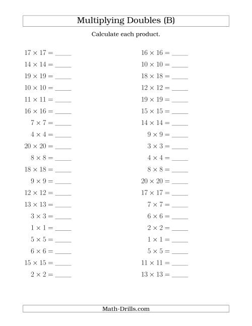 The Multiplying Doubles up to 20 by 20 (B) Math Worksheet