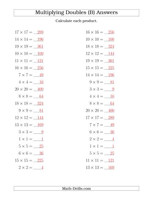 The Multiplying Doubles up to 20 by 20 (B) Math Worksheet Page 2