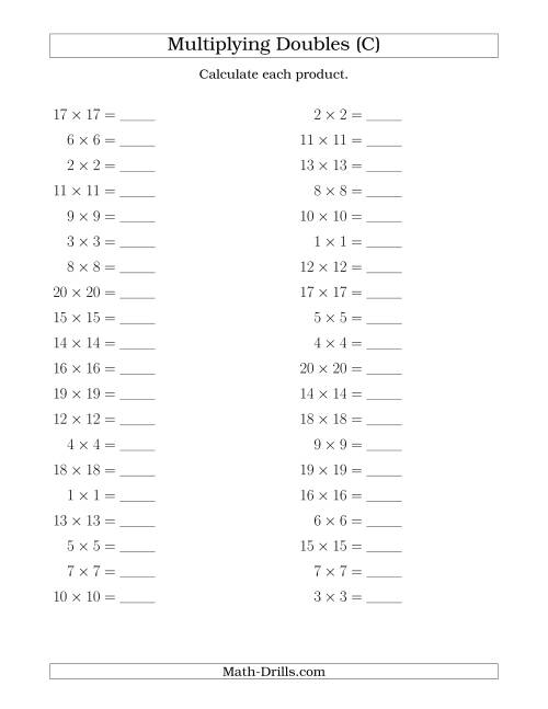 The Multiplying Doubles up to 20 by 20 (C) Math Worksheet