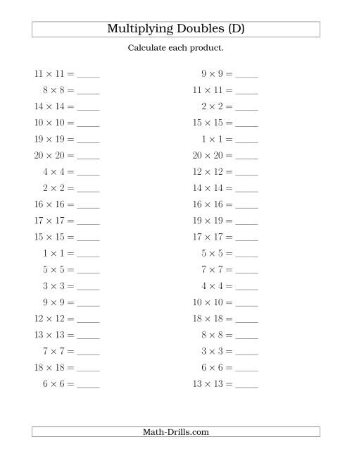 The Multiplying Doubles up to 20 by 20 (D) Math Worksheet