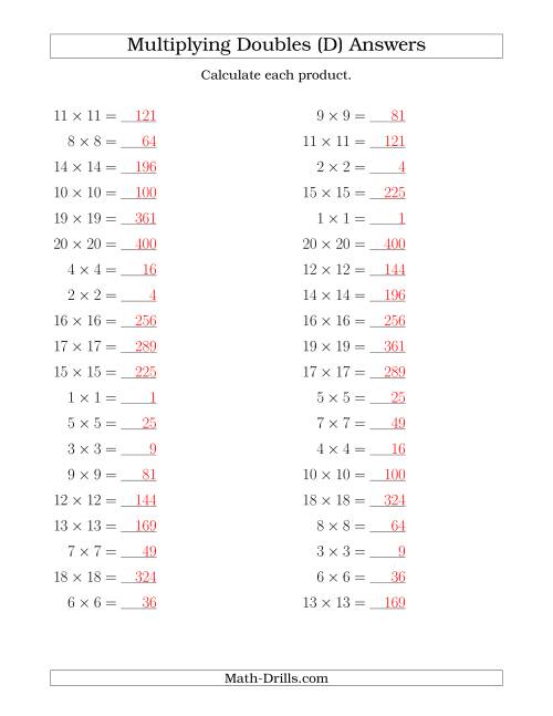 The Multiplying Doubles up to 20 by 20 (D) Math Worksheet Page 2