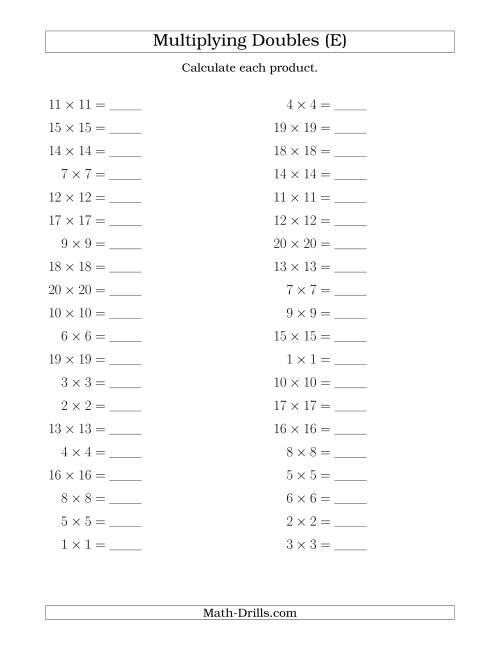 The Multiplying Doubles up to 20 by 20 (E) Math Worksheet