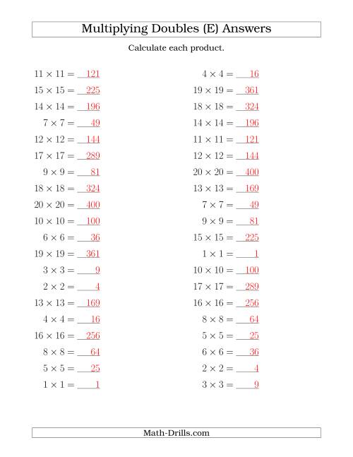The Multiplying Doubles up to 20 by 20 (E) Math Worksheet Page 2