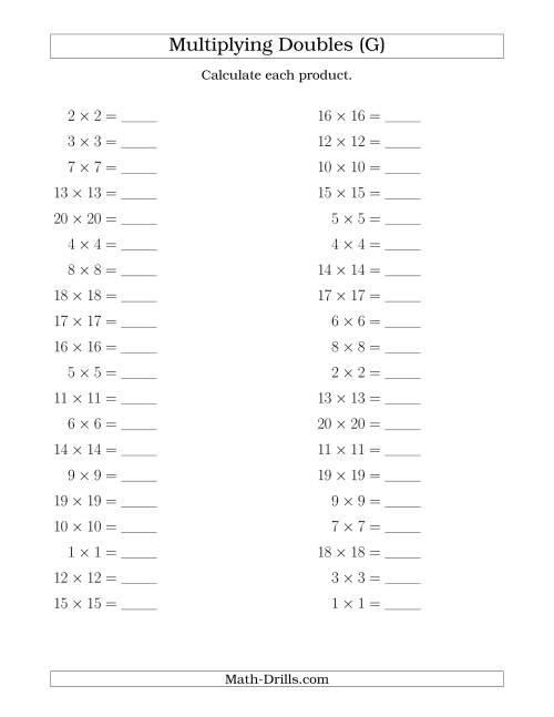 The Multiplying Doubles up to 20 by 20 (G) Math Worksheet