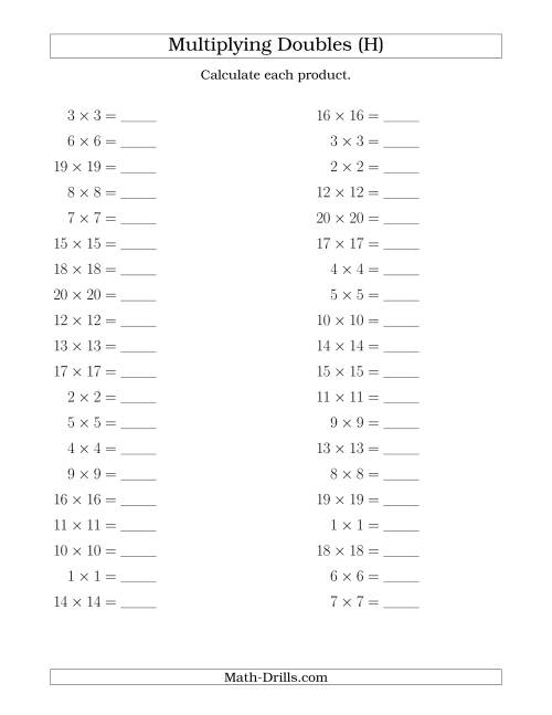 The Multiplying Doubles up to 20 by 20 (H) Math Worksheet