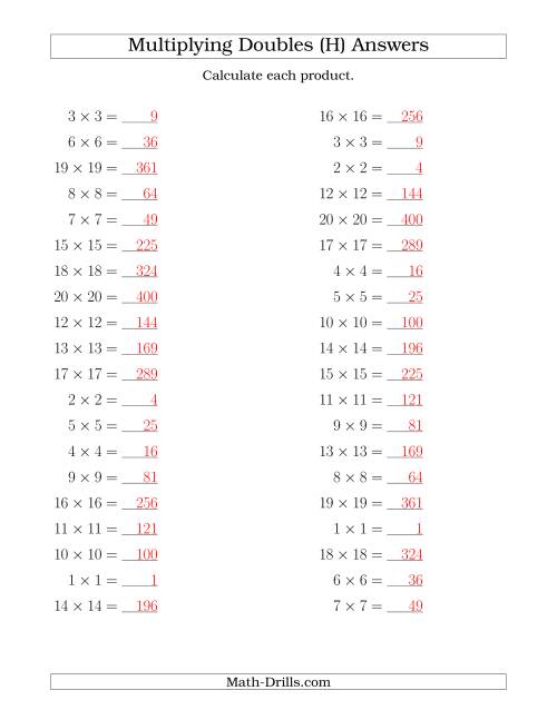 The Multiplying Doubles up to 20 by 20 (H) Math Worksheet Page 2