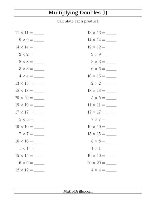 The Multiplying Doubles up to 20 by 20 (I) Math Worksheet