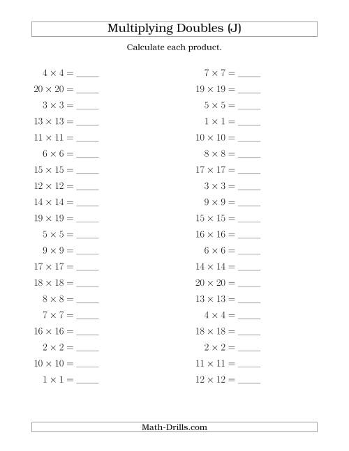 The Multiplying Doubles up to 20 by 20 (J) Math Worksheet