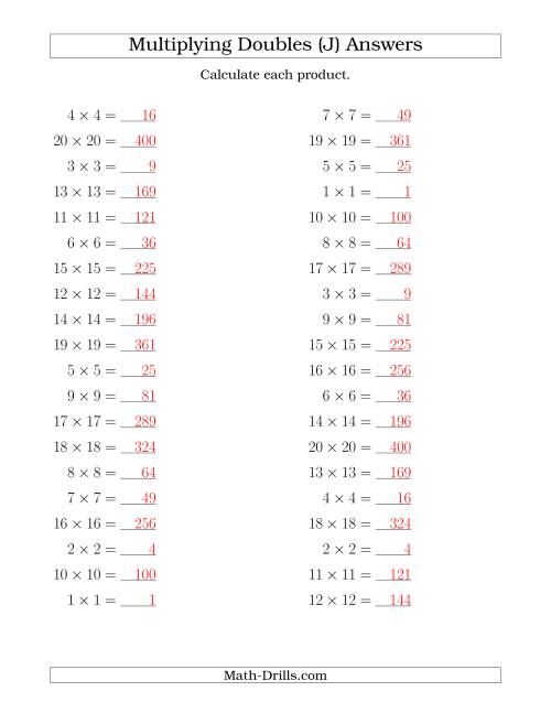 The Multiplying Doubles up to 20 by 20 (J) Math Worksheet Page 2