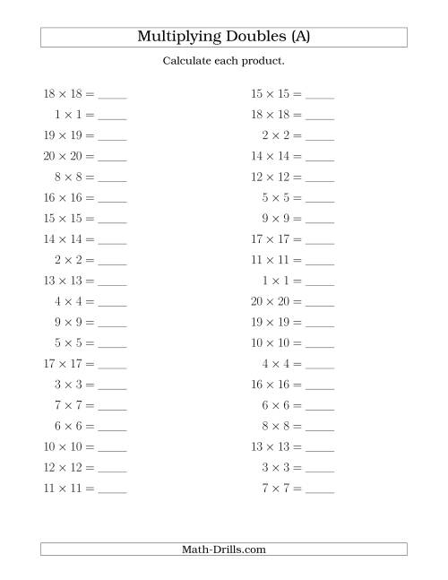 The Multiplying Doubles up to 20 by 20 (All) Math Worksheet