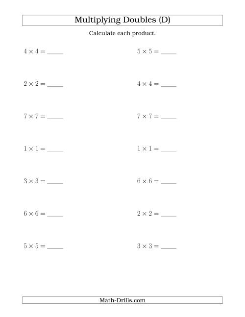 The Multiplying Doubles up to 7 by 7 (D) Math Worksheet