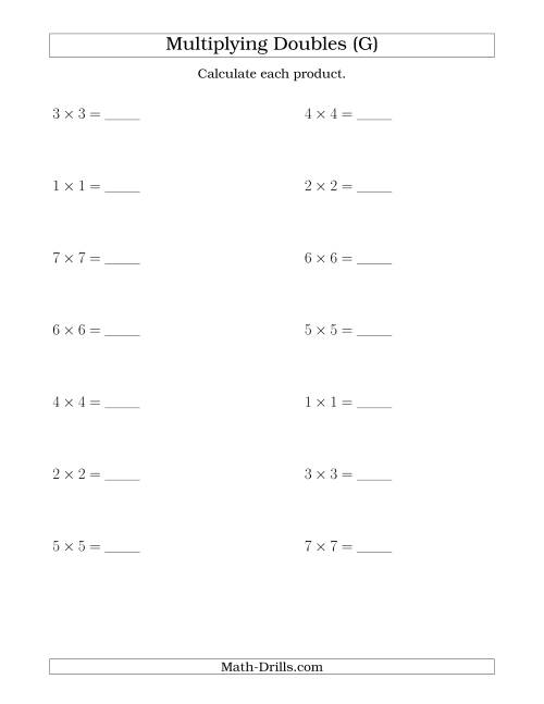 The Multiplying Doubles up to 7 by 7 (G) Math Worksheet