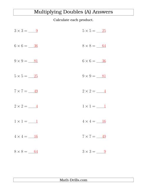 The Multiplying Doubles up to 9 by 9 (A) Math Worksheet Page 2