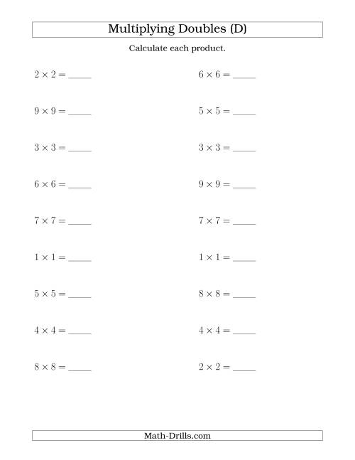 The Multiplying Doubles up to 9 by 9 (D) Math Worksheet
