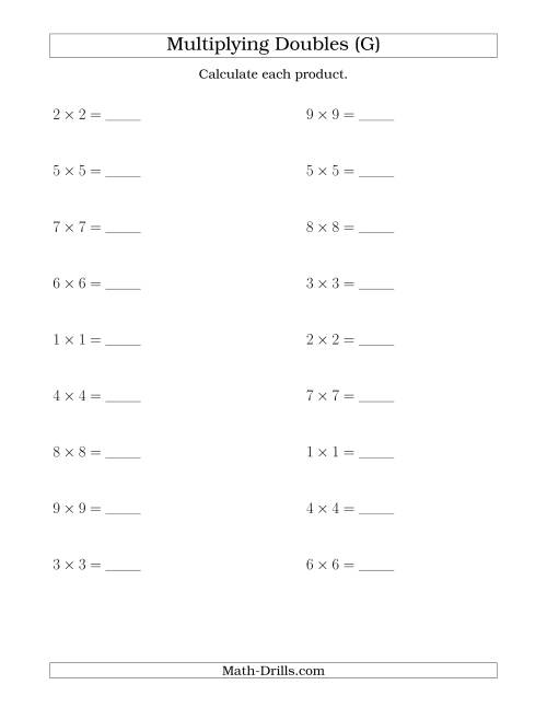 The Multiplying Doubles up to 9 by 9 (G) Math Worksheet