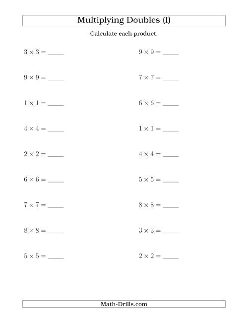 The Multiplying Doubles up to 9 by 9 (I) Math Worksheet