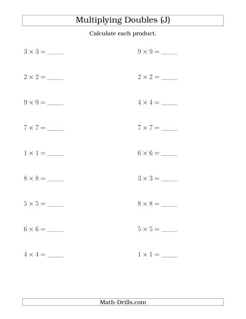 The Multiplying Doubles up to 9 by 9 (J) Math Worksheet