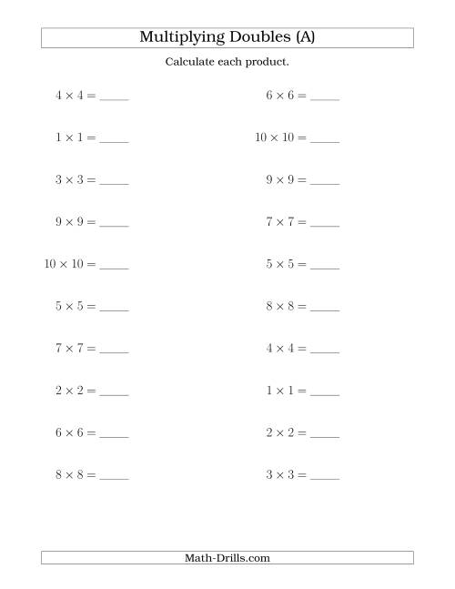 The Multiplying Doubles up to 10 by 10 (A) Math Worksheet