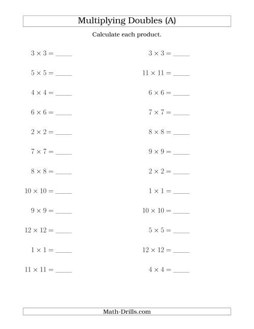 The Multiplying Doubles up to 12 by 12 (A) Math Worksheet