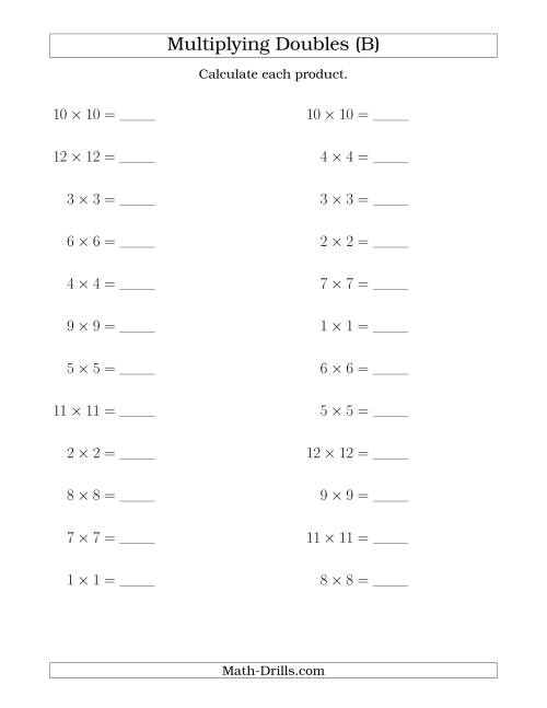 The Multiplying Doubles up to 12 by 12 (B) Math Worksheet