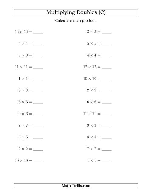The Multiplying Doubles up to 12 by 12 (C) Math Worksheet