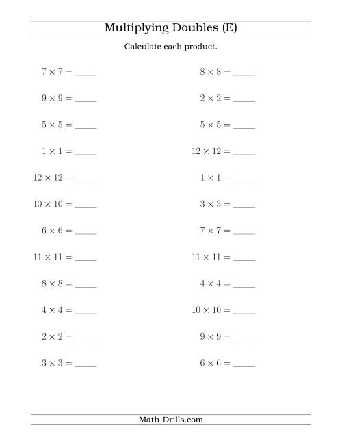 The Multiplying Doubles up to 12 by 12 (E) Math Worksheet