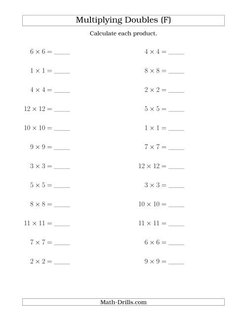 The Multiplying Doubles up to 12 by 12 (F) Math Worksheet
