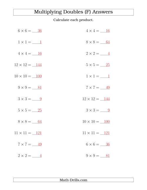 The Multiplying Doubles up to 12 by 12 (F) Math Worksheet Page 2