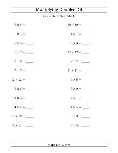 The Multiplying Doubles up to 12 by 12 (G) Math Worksheet