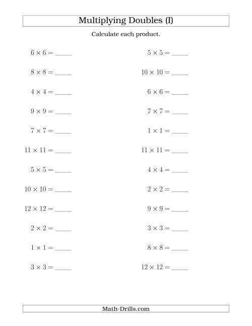 The Multiplying Doubles up to 12 by 12 (I) Math Worksheet