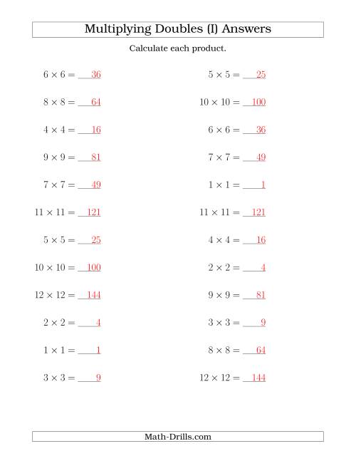The Multiplying Doubles up to 12 by 12 (I) Math Worksheet Page 2
