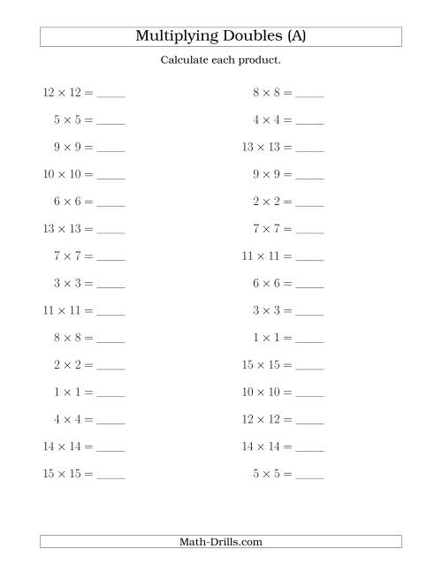 The Multiplying Doubles up to 15 by 15 (A) Math Worksheet