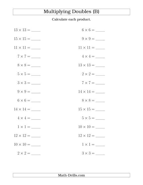 The Multiplying Doubles up to 15 by 15 (B) Math Worksheet