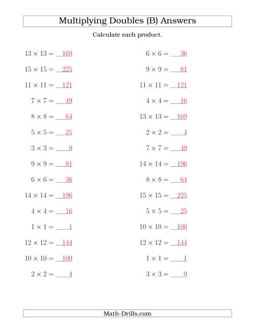 The Multiplying Doubles up to 15 by 15 (B) Math Worksheet Page 2