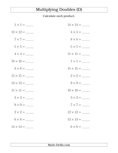 The Multiplying Doubles up to 15 by 15 (D) Math Worksheet