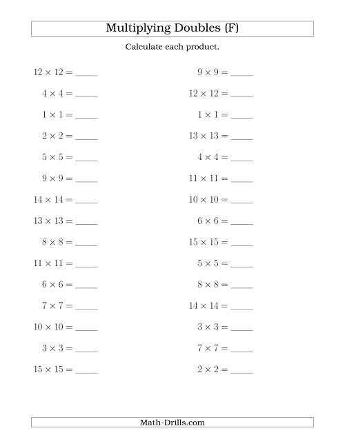 The Multiplying Doubles up to 15 by 15 (F) Math Worksheet
