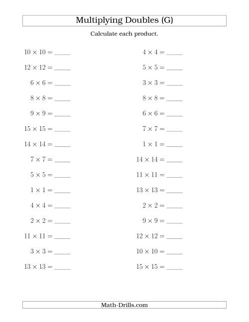 The Multiplying Doubles up to 15 by 15 (G) Math Worksheet