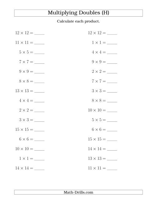 The Multiplying Doubles up to 15 by 15 (H) Math Worksheet