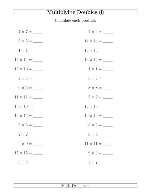 The Multiplying Doubles up to 15 by 15 (I) Math Worksheet