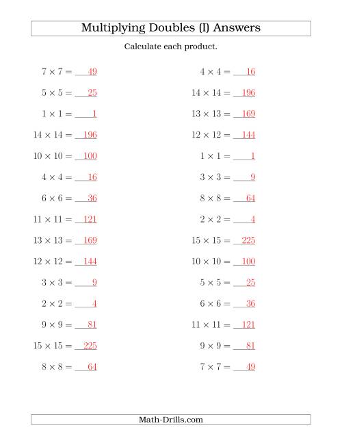 The Multiplying Doubles up to 15 by 15 (I) Math Worksheet Page 2
