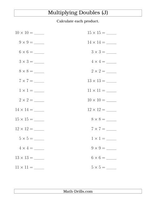 The Multiplying Doubles up to 15 by 15 (J) Math Worksheet