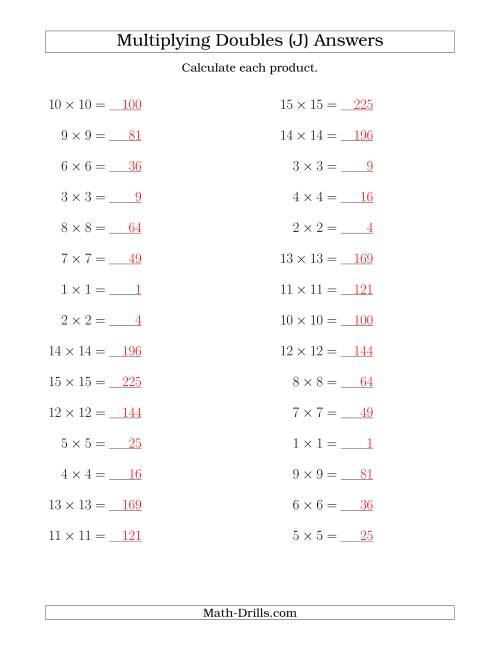The Multiplying Doubles up to 15 by 15 (J) Math Worksheet Page 2