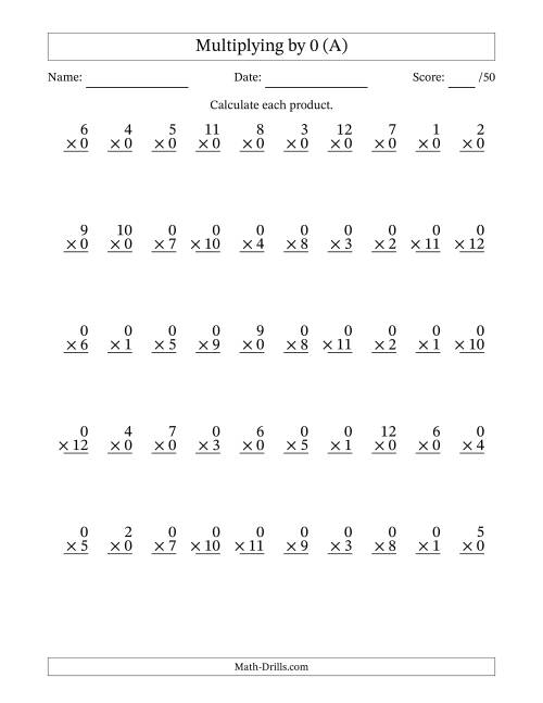 The Multiplying (1 to 12) by 0 (50 Questions) (A) Math Worksheet
