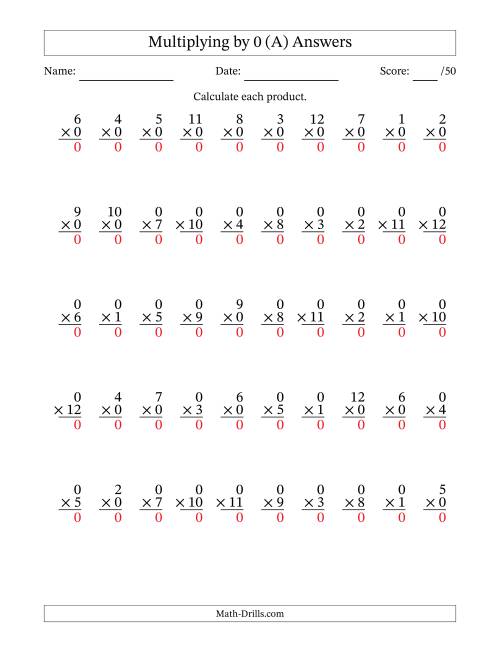The Multiplying (1 to 12) by 0 (50 Questions) (A) Math Worksheet Page 2