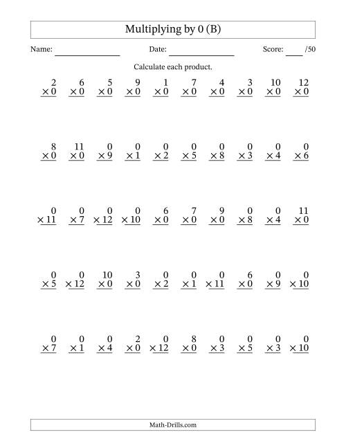 The Multiplying (1 to 12) by 0 (50 Questions) (B) Math Worksheet