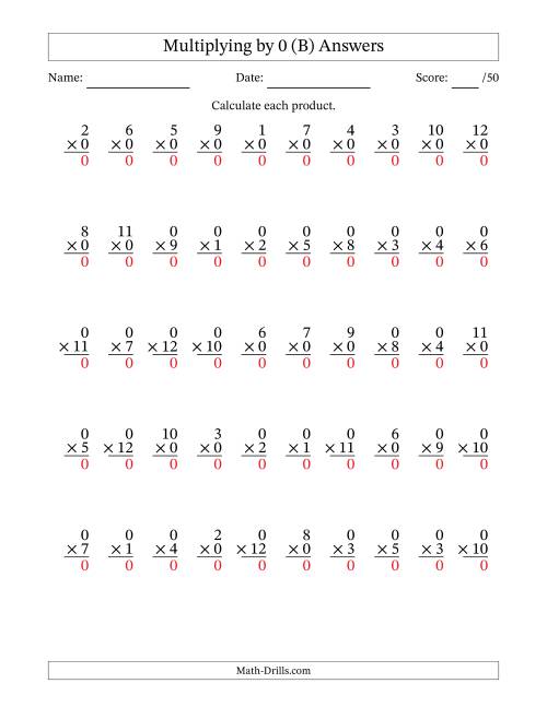 The Multiplying (1 to 12) by 0 (50 Questions) (B) Math Worksheet Page 2