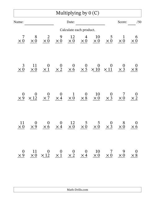 The Multiplying (1 to 12) by 0 (50 Questions) (C) Math Worksheet