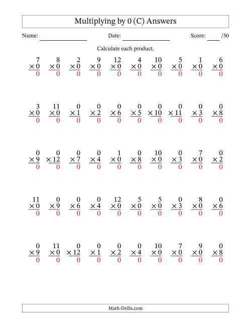 The Multiplying (1 to 12) by 0 (50 Questions) (C) Math Worksheet Page 2