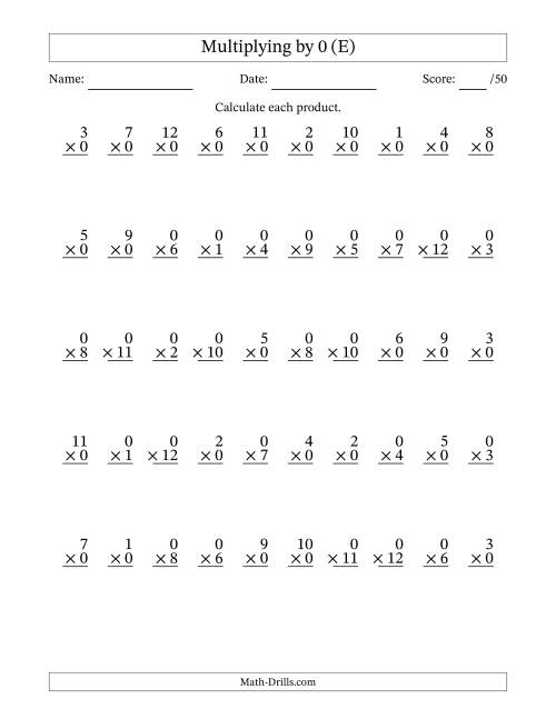 The Multiplying (1 to 12) by 0 (50 Questions) (E) Math Worksheet