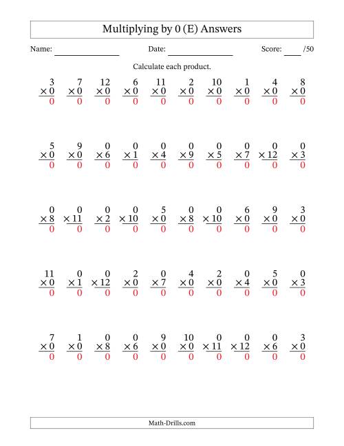 The Multiplying (1 to 12) by 0 (50 Questions) (E) Math Worksheet Page 2